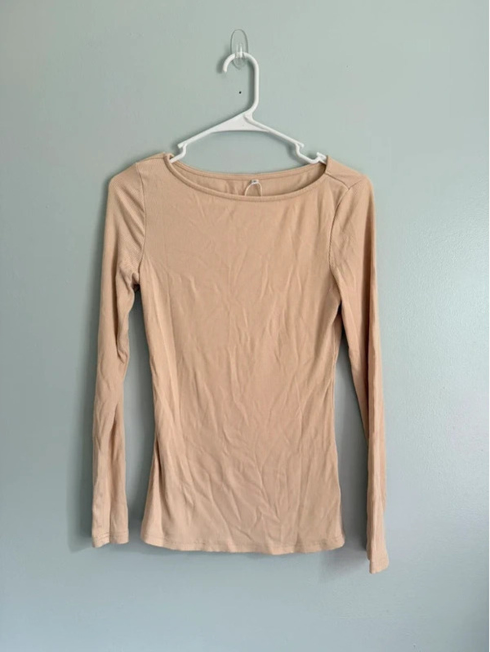 Beige Ribbed Fitted Long Sleeve Top Size S